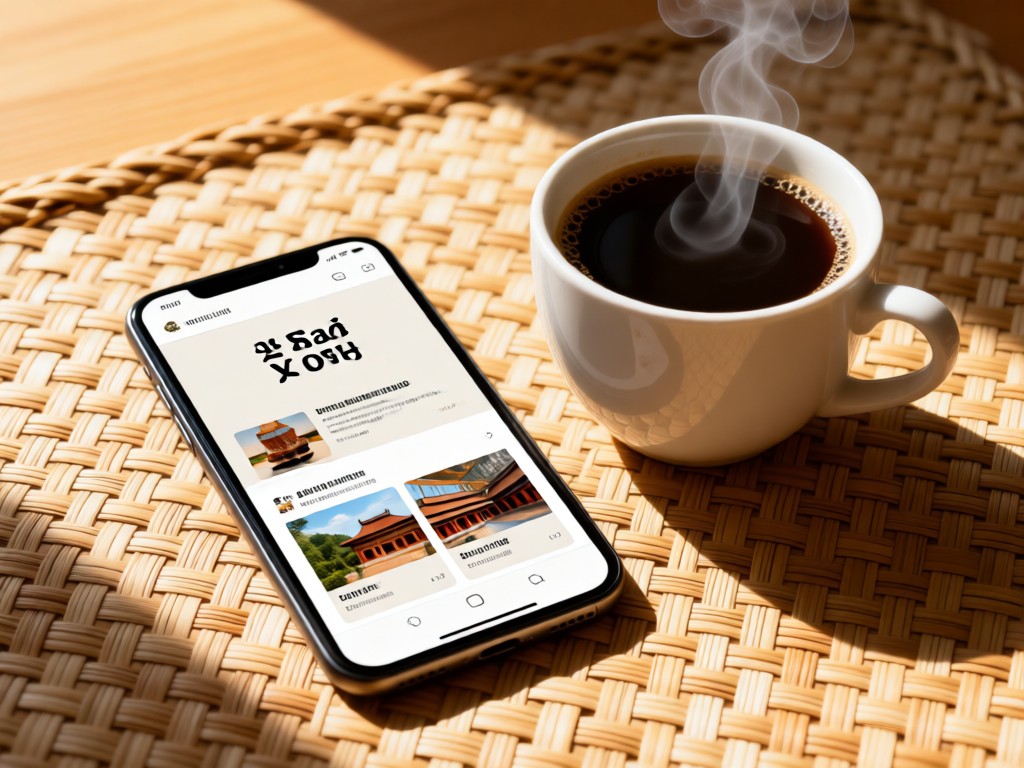 A smartphone displaying a clean Lao-themed portfolio beside a steaming cup of local coffee. Natural light on a woven mat surface. No people.