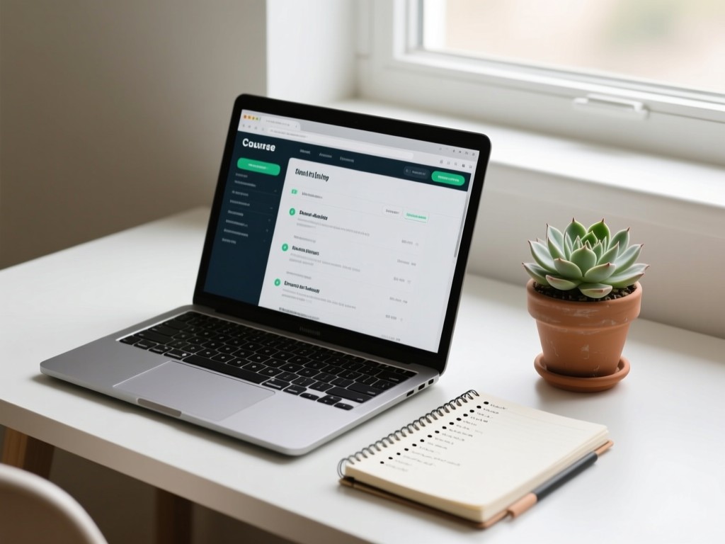 Minimalist desk with open laptop showing a course listing page. Beside it, a notebook with bullet-point lists and a potted succulent. Soft natural lighting from a nearby window. No people.