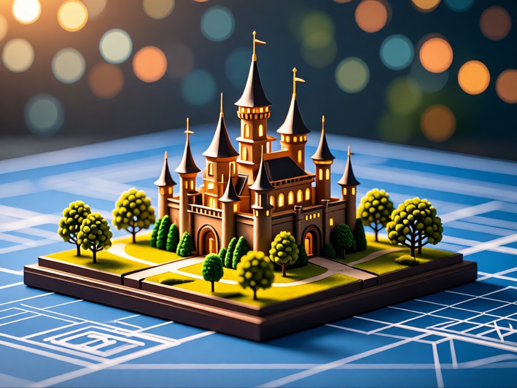 A miniature castle model on blueprints, bathed in warm studio light. Tiny trees and pathways create depth. Soft bokeh background. No people.