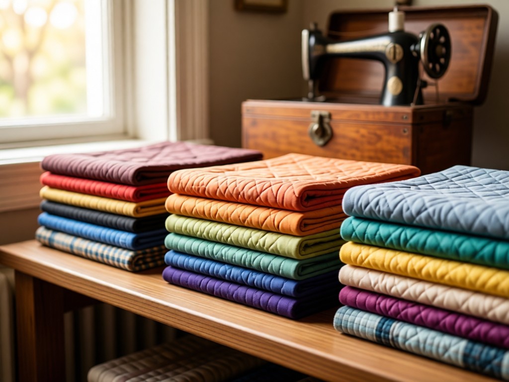 Neatly folded stacks of complementary quilt fabrics arranged in color gradients on a wooden shelf. Soft window light creates warm textures. Vintage sewing box in blurred background. No people.