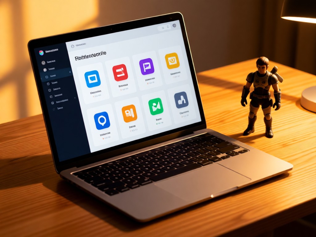 Angled shot of a laptop showing clean portfolio interface with platform icons. A miniature game figurine stands beside it on a wooden desk. Warm golden hour light creates inviting contrast. No people.