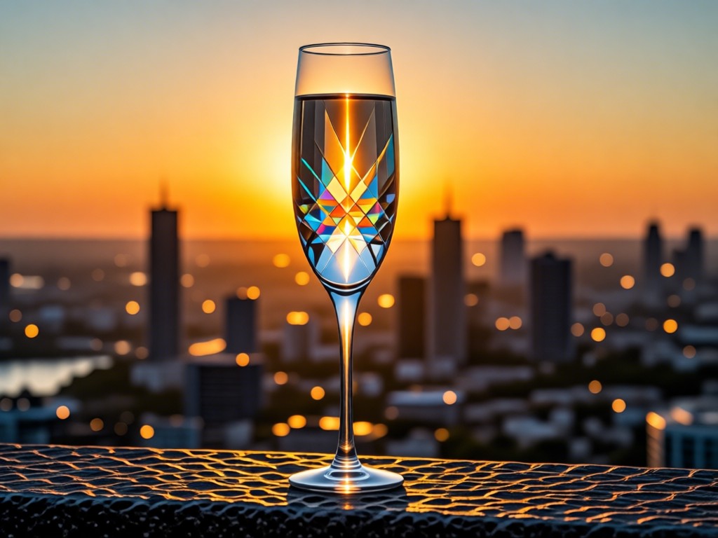 Single crystal champagne flute on a stone ledge overlooking a sunset cityscape. Golden light refracts through the glass creating prism patterns. No people.
