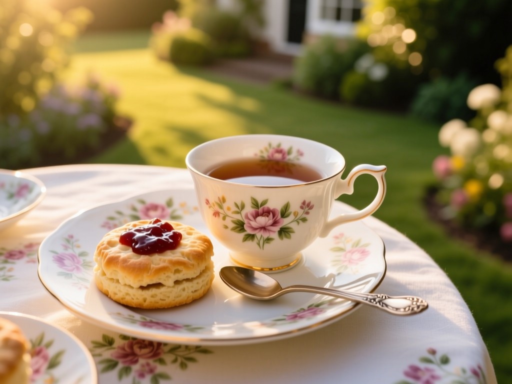 Aerial view of a traditional cream tea setting: scone with jam, teacup, and vintage teaspoon on floral china. Soft focus on English garden background. Golden hour lighting. No people.