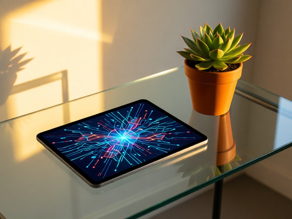 Minimalist glass desk displaying abstract data visualization on a tablet. Next to it, a thriving potted succulent catches golden hour light. Clean composition with breathing room. No people.