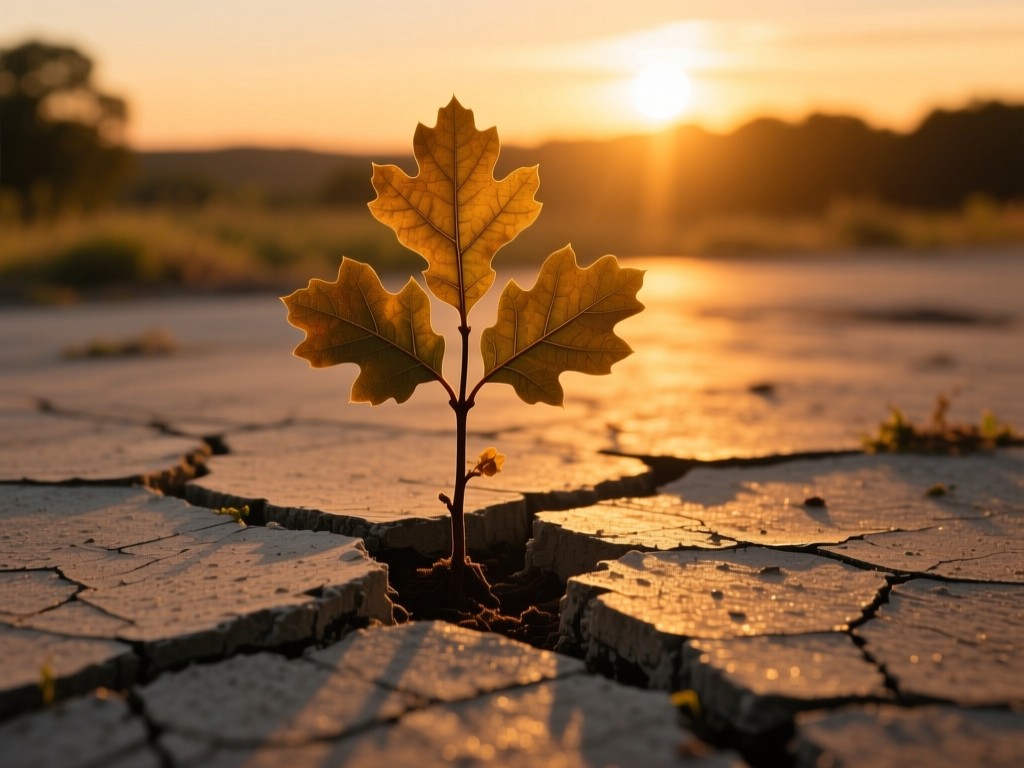 A single oak sapling growing through cracked concrete at golden hour, symbolizing breakthrough growth, warm sunset palette, deep shadows, no people.