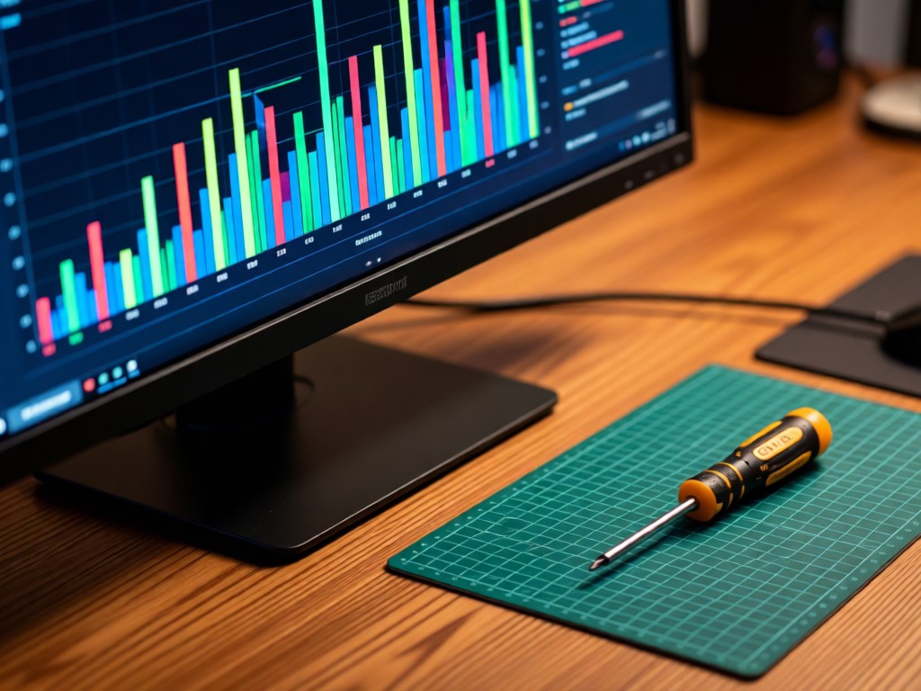 An angled view of a gaming monitor displaying colorful benchmark graphs. Beside it, a precision screwdriver rests on an anti-static mat. Warm wood desk surface with shallow focus. No people.