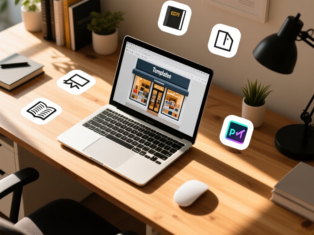 Aerial view of a tidy desk with a laptop showing a digital storefront, surrounded by icons representing ebooks, templates, and presets. Warm sunlight creates clean shadows on the wooden surface. No people.