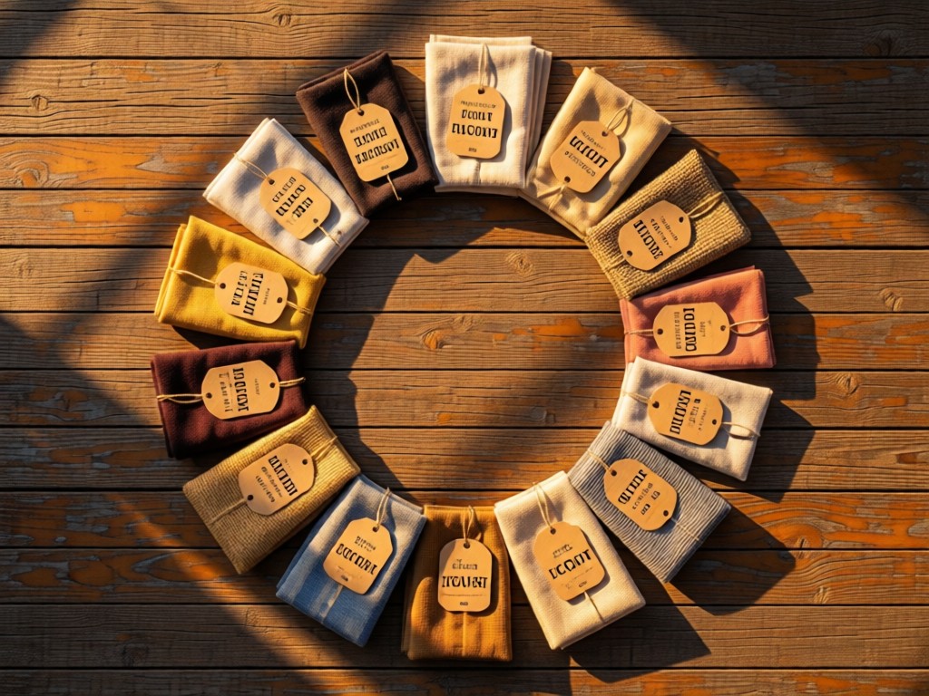 An aerial shot of artfully arranged discount merchandise forming a circle on weathered wood. Golden hour light creates warm highlights on textured fabrics and tags. Symbolizes curated deals. No people.
