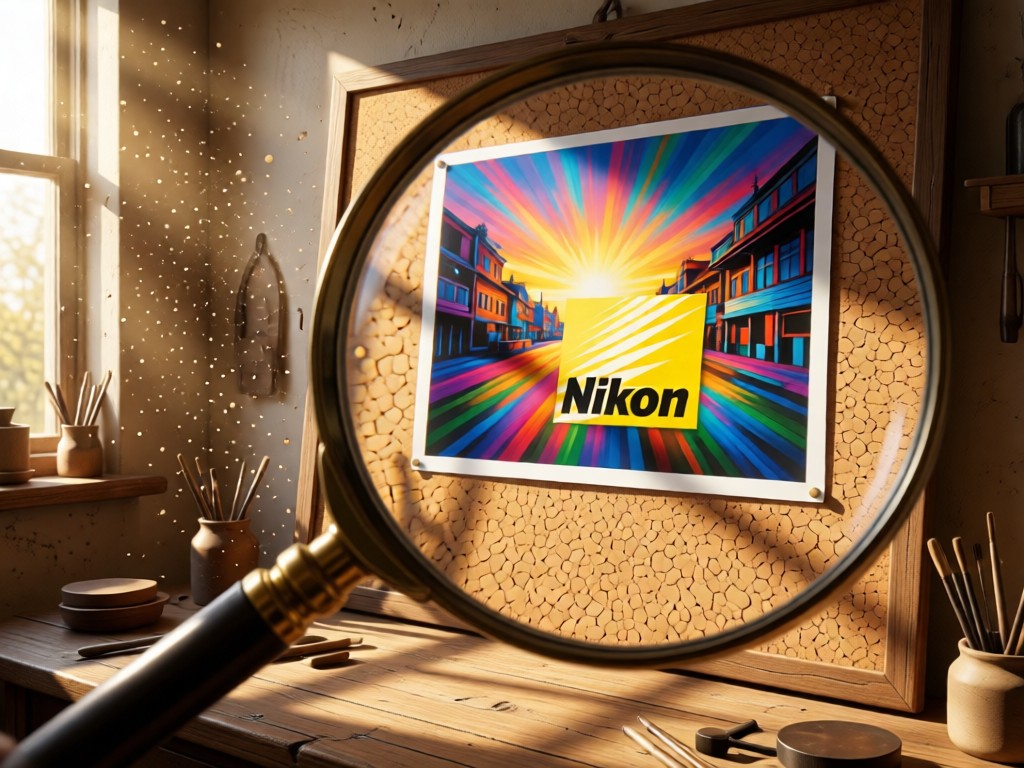 A magnifying glass focusing on a vibrant Nikon photo print on a corkboard. Sunlight highlights floating dust particles in a rustic studio. No people.