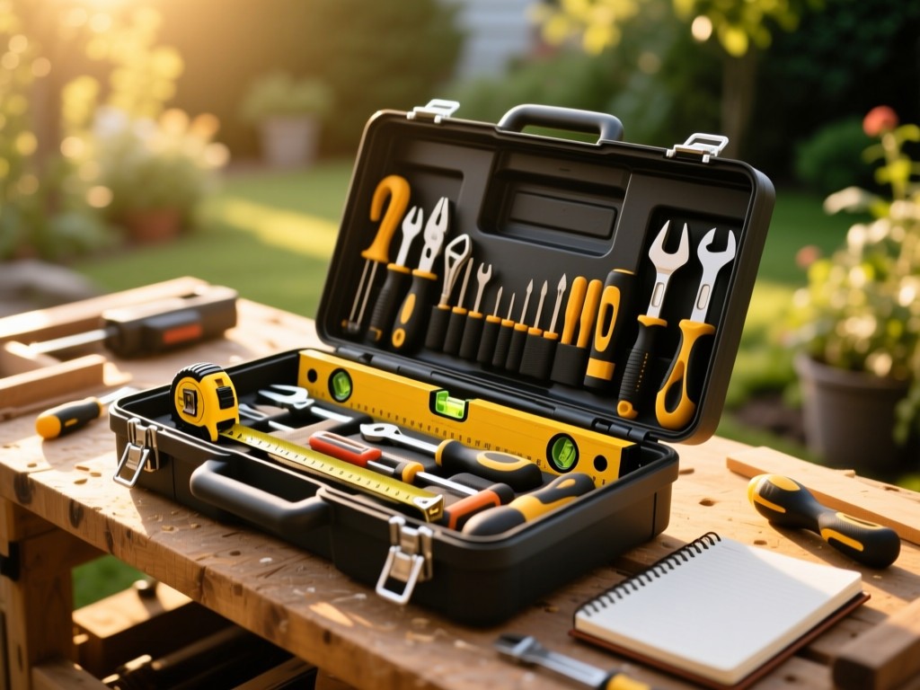 An open toolbox with carefully arranged professional tools (tape measure, level, notebook) on a sunlit workbench. Golden hour highlights the craftsmanship. Soft focus garden background. Symbolizes readiness and organization. No people.