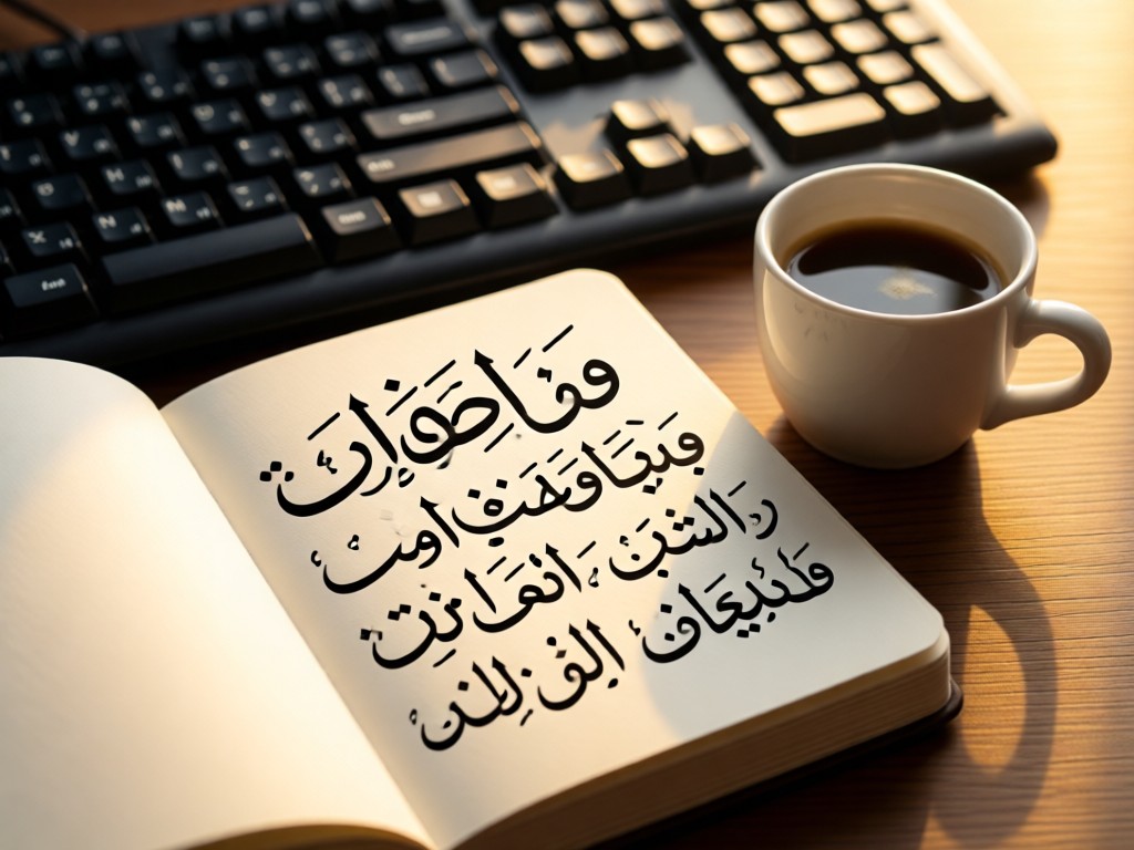 An open Moleskine notebook with Arabic calligraphy practice beside an espresso cup. Soft focus on a keyboard with Arabic/English keys. Warm afternoon glow. No people.