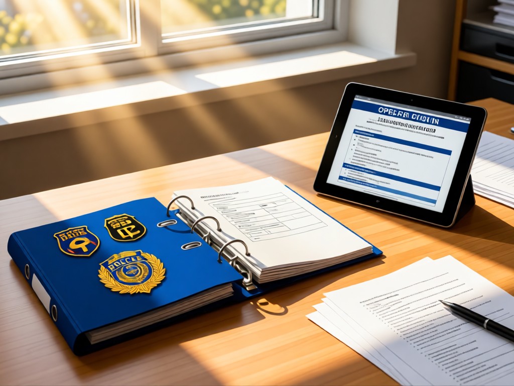 Open binder with police patch designs beside a tablet displaying regulations. Sunlight streams through window onto paperwork. Clean office aesthetic. No people.