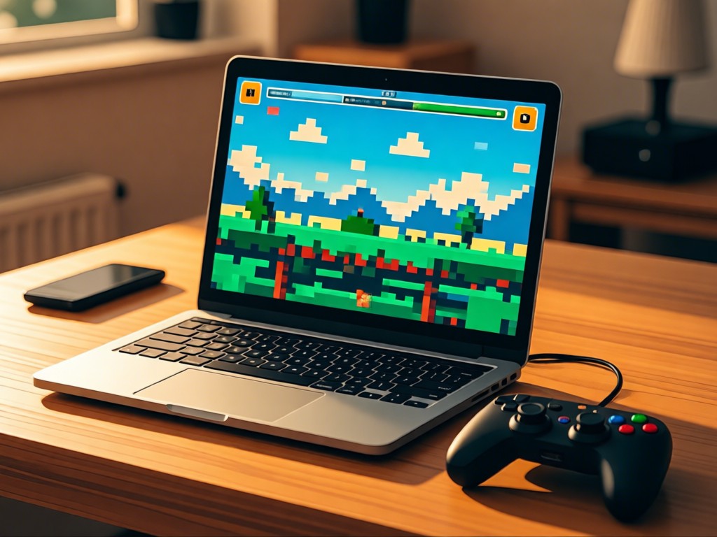 Open laptop displaying a pixel art game on screen. A game controller rests beside it on a wooden surface. Soft golden hour light creates warm highlights. Clean composition. No people.