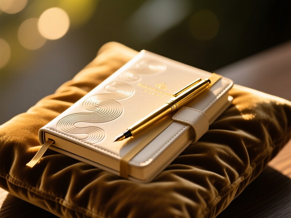 Stylish appointment book and gold pen on a velvet cushion during golden hour, sunlight highlighting embossed texture, minimalist composition with soft bokeh background.