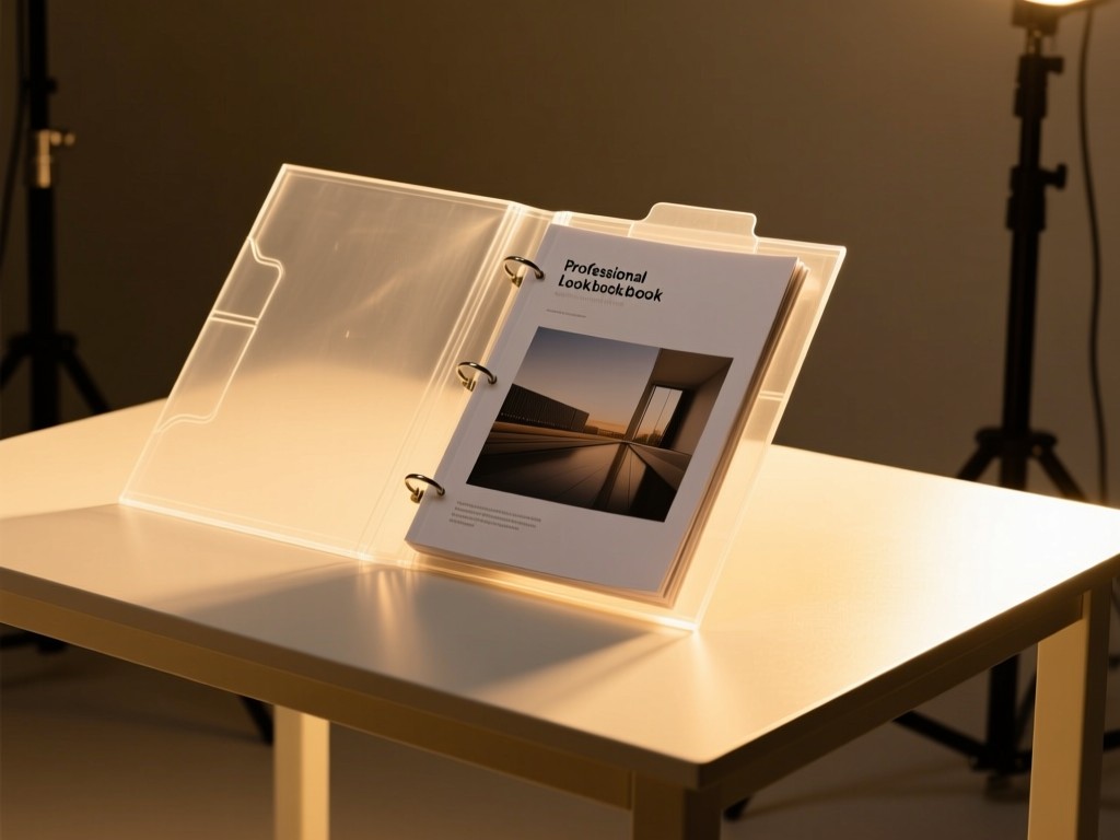 A sleek transparent folder holding professional lookbook sheets on a lightbox table during golden hour, soft directional lighting, minimalist studio setup, no text visible.
