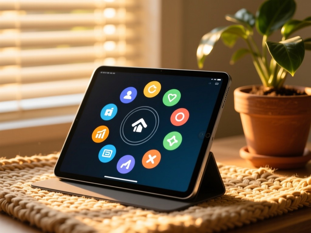 A modern tablet on a woven textile during golden hour, screen showing diverse resource icons arranged in circles, soft sunlight through window blinds, potted plant nearby, warm tones, shallow depth of field.