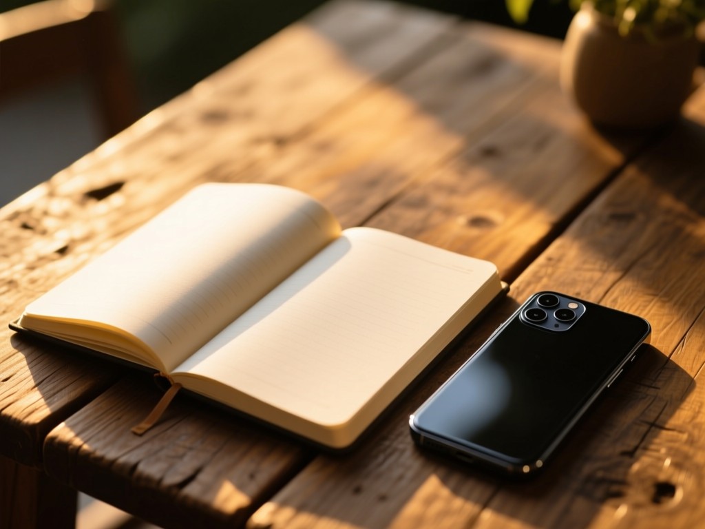 Smartphone placed beside an open notebook on a rustic wooden table, golden hour light illuminating the blank pages, shallow depth of field, warm tones.