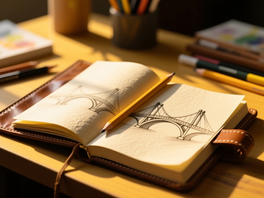 An open leather-bound sketchbook with pencil bridges drawn on textured paper, golden hour light casting long shadows across the desk, warm yellow tones, art supplies in blurred background.