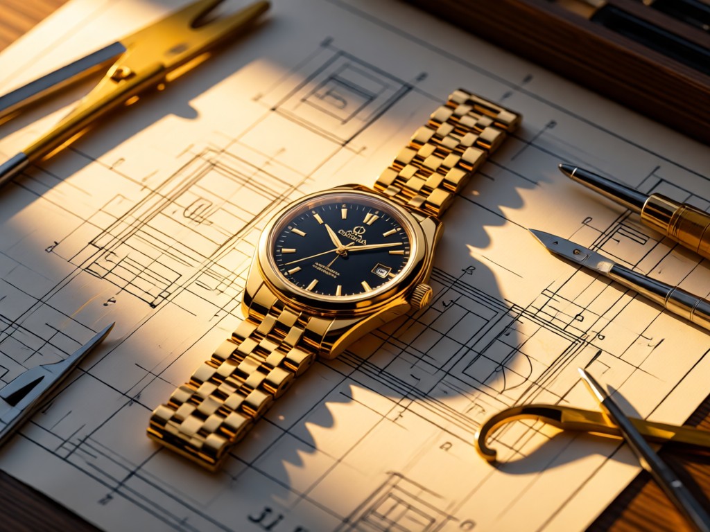 Aerial view of an Omega watch resting on blueprint paper with drafting tools. Golden light highlights precision. No people.