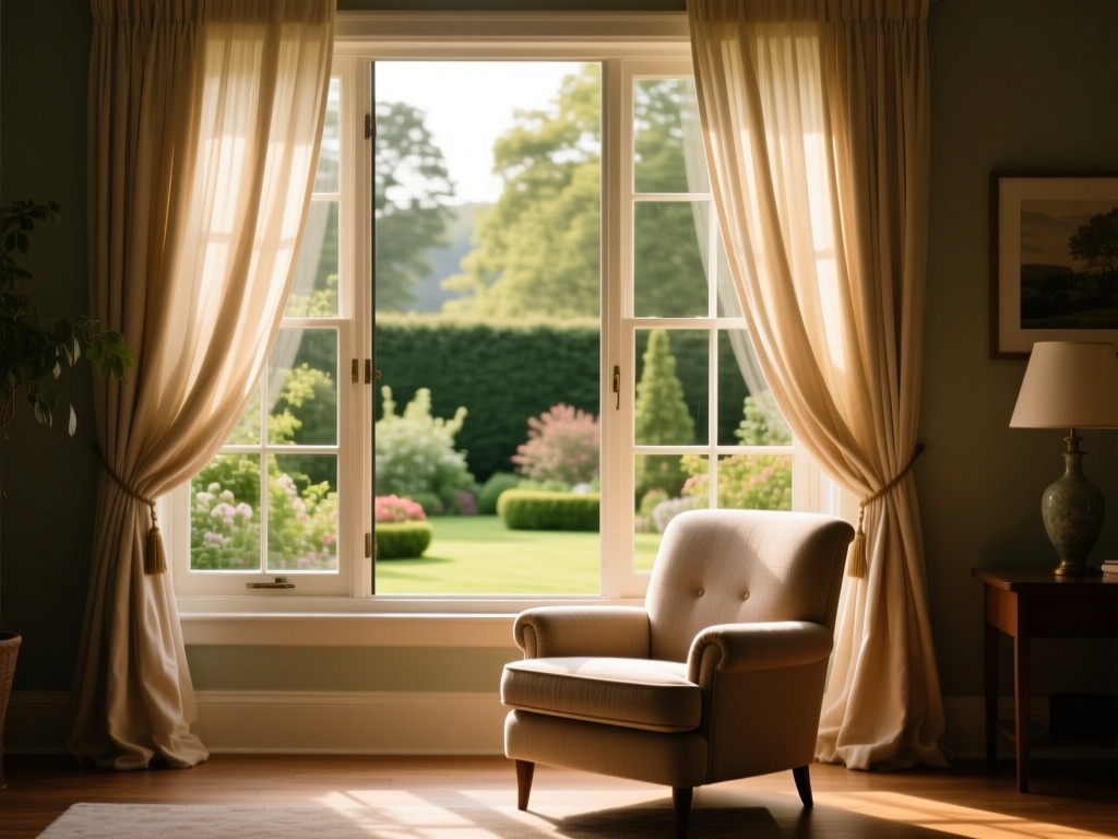 An open window with flowing curtains overlooking a serene garden. A single comfortable armchair sits in the foreground, bathed in warm afternoon light. Symbolizes safe spaces and accessibility. No people.