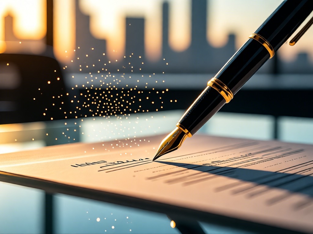 Close-up of elegant pen signing a lease document on glass desk. Golden hour light illuminates dust motes. Blurred city skyline visible through window. Professional and trustworthy vibe. No people.