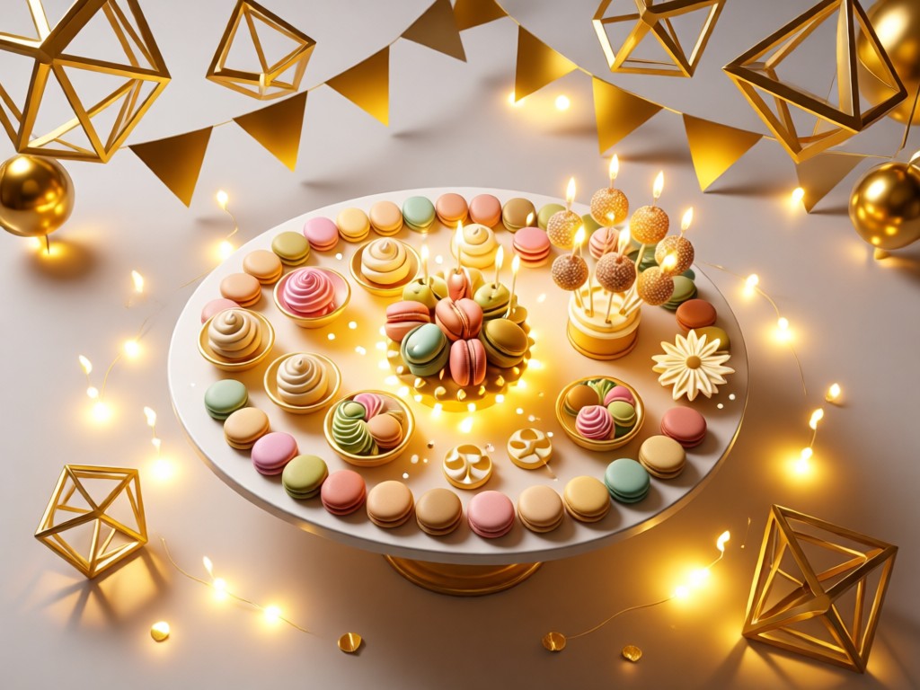 Aerial view of perfectly arranged dessert table with macarons and cake pops. Golden light highlighting geometric party decorations. Negative space around the setup symbolizing organization. No people.