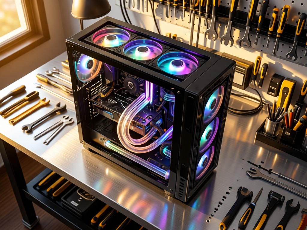 Aerial view of a high-end water-cooled PC with vibrant coolant flowing through transparent tubes. The rig sits centered on a brushed aluminum workbench, surrounded by organized tools. Golden hour light emphasizes the craftsmanship. No people.