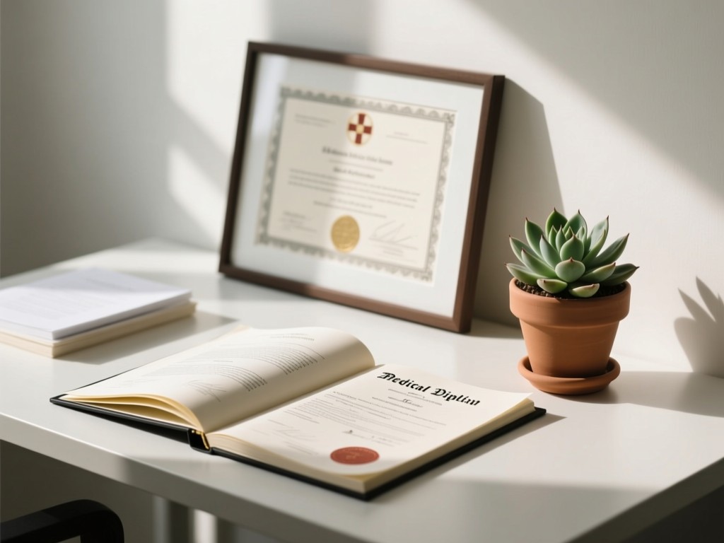 Minimalist desk arrangement with open medical diplomas beside a potted succulent. Soft focus on a framed certificate in background. Natural light. No people.