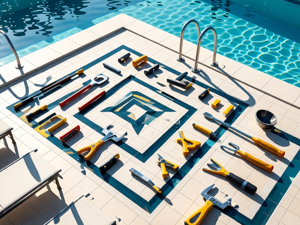 Aerial view of pool maintenance tools arranged in geometric patterns on a clean deck. Sunlight creates sharp shadows. Professional and organized. No people.