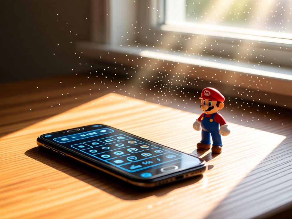 Smartphone showing a clean link grid next to a tiny Mario figure on a wooden desk. Sunlight streams through window, highlighting dust particles. No people.