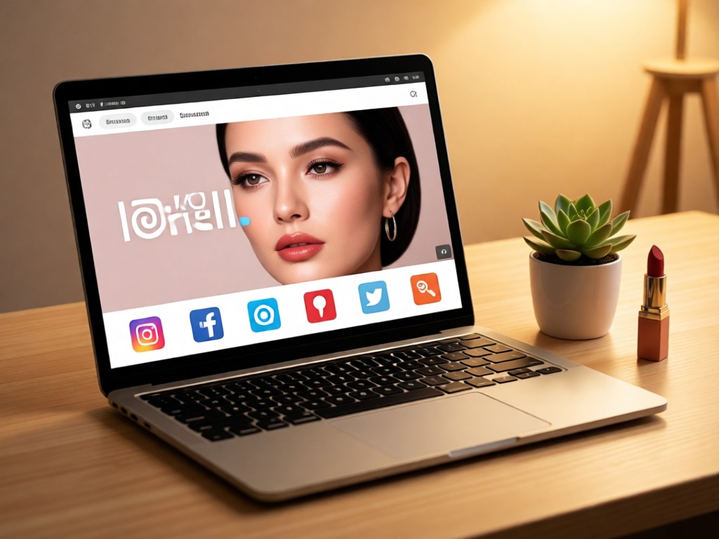A sleek laptop showing a beauty portfolio with social media icons. Beside it, a small succulent and lipstick tube. Soft diffused lighting creates warm ambiance. No people.