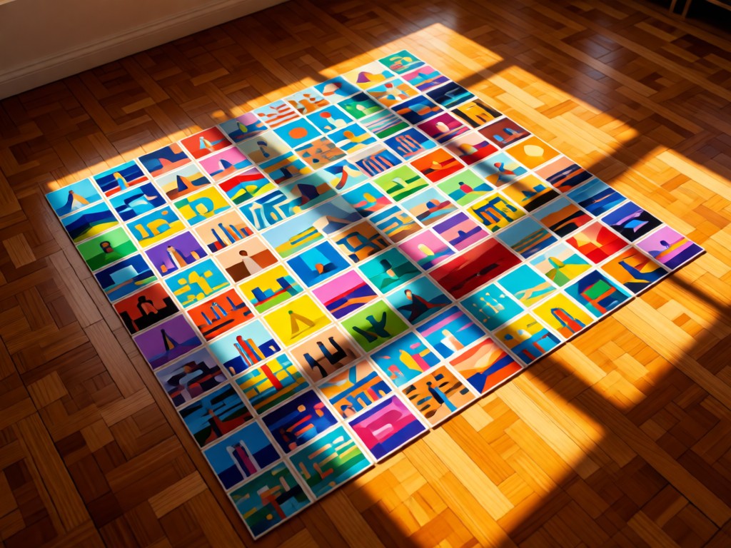 An aerial view of colorful storyboard thumbnails arranged like a mosaic on a wooden studio floor. Late afternoon sun creates warm geometric shadows. Represents organized creativity. No people.