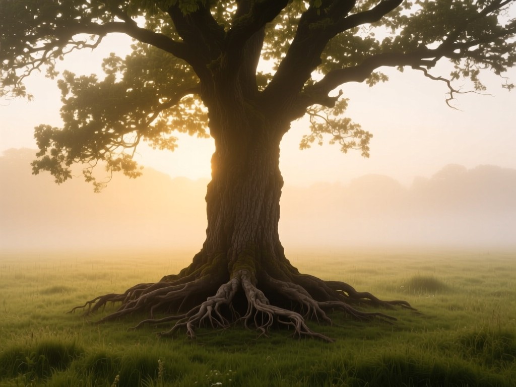 A single ancient oak tree in a misty meadow at dawn, its deep roots visible, symbolizing stability and growth in economic expertise, soft golden haze, minimalist composition.