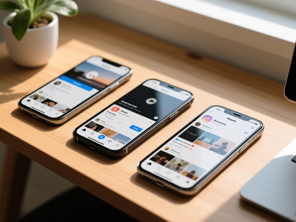 Three smartphones arranged diagonally on a wooden desk, each showing different social media feeds. Soft afternoon light highlights the screens. Minimalist plant in background. No people.