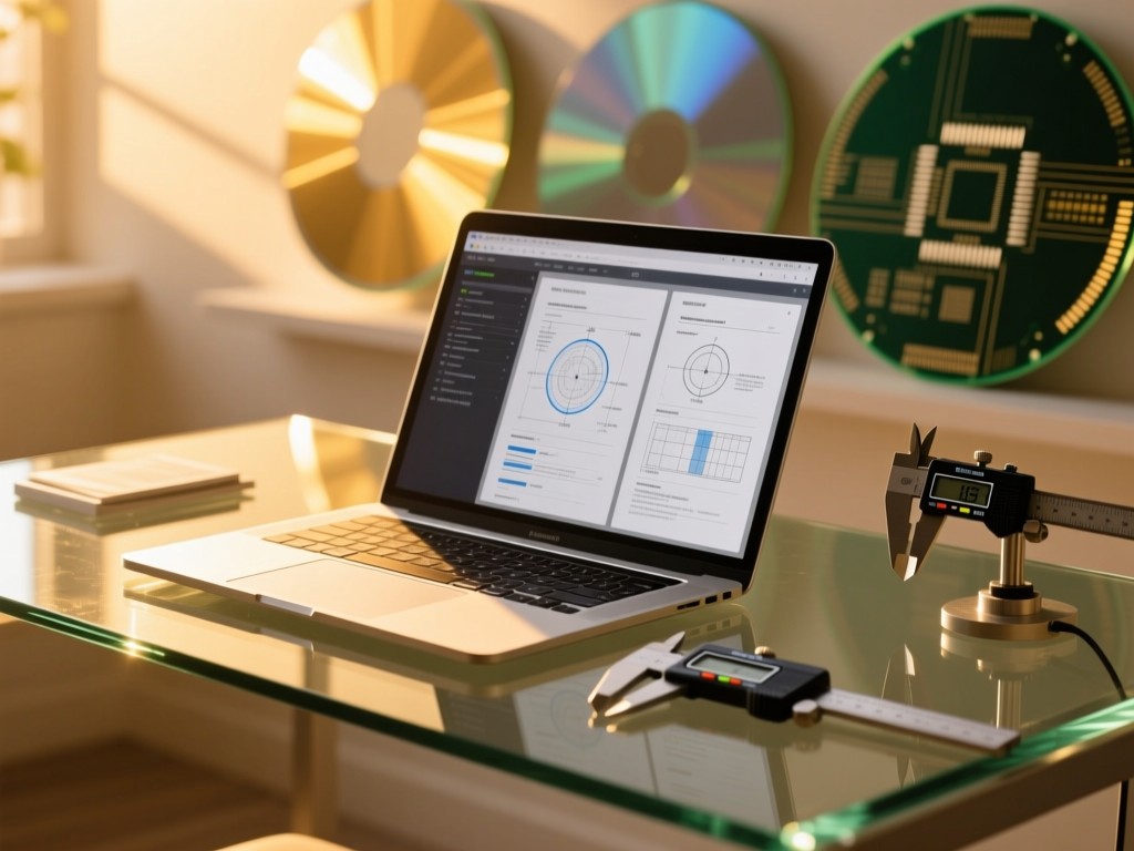 A minimalist glass desk at golden hour displaying a laptop showing organized technical documents, sunlight reflecting off a precision caliper, blurred semiconductor wafers in background, warm natural lighting, shallow depth.