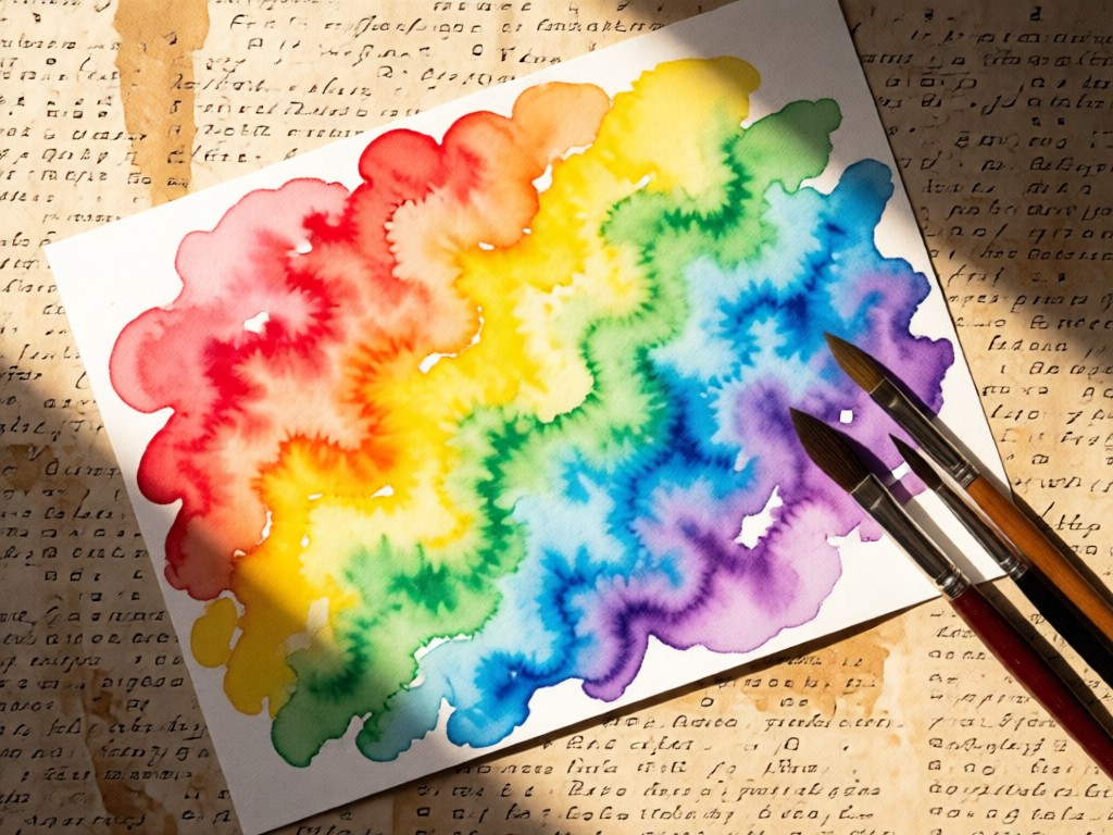 Overhead shot of watercolor paper with rainbow hues blending organically. Paintbrushes rest beside it in soft sunlight. Textured background. No people.