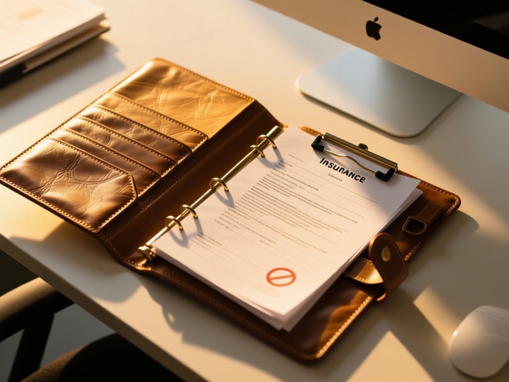 Aerial view of open leather portfolio with insurance documents. Golden hour light across textured paper. Minimal desk setting. Symbolizes organization and professionalism. No people.