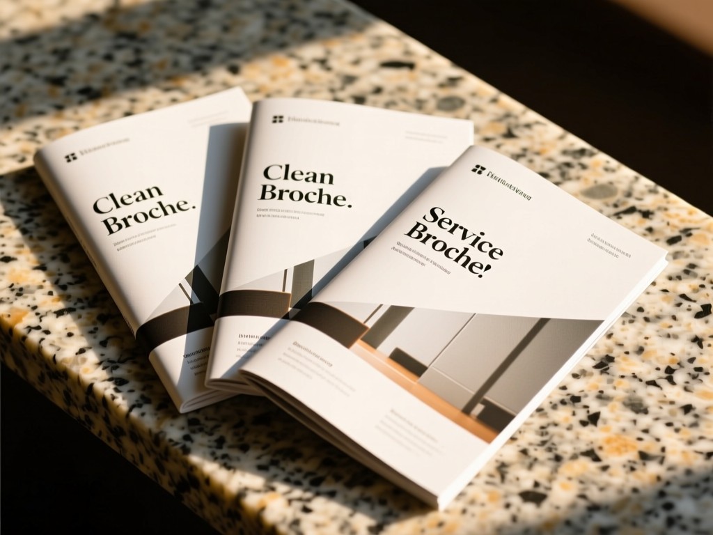 Three clean, modern service brochures fanned out on a granite surface. Warm sunlight accentuates the crisp typography. No people.