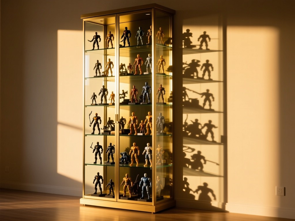 A towering glass display cabinet filled with action figures in golden hour light, casting long shadows, symbolizing organization and value, minimalist composition.