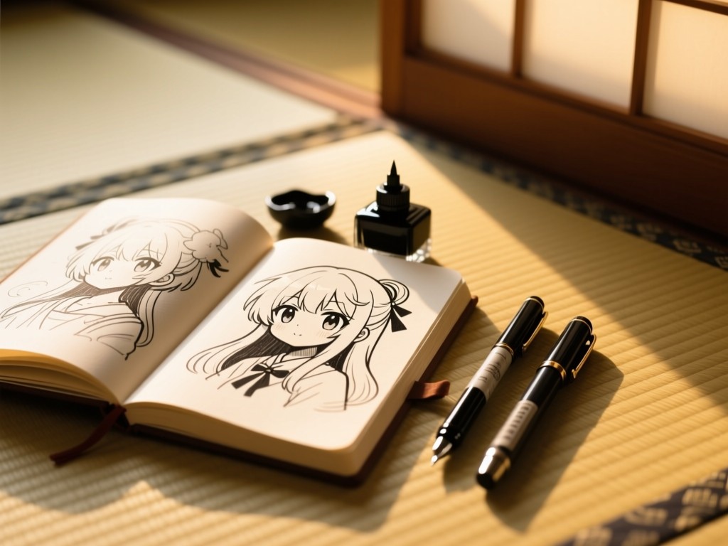 An open sketchbook with anime doodles beside ink pens on a tatami mat during golden hour, soft natural light, shallow focus, traditional Japanese aesthetics, no text.