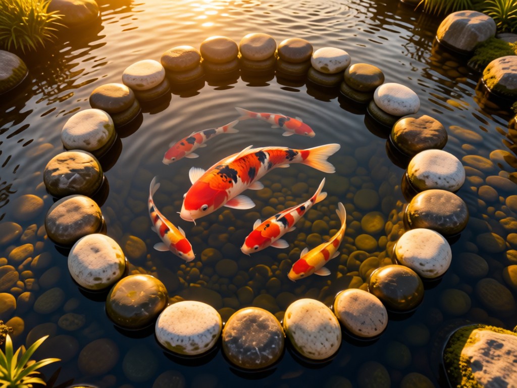 Aerial view of a perfectly balanced koi pond surrounded by smooth river stones. Circular composition symbolizes wholeness and professional completion. Golden hour lighting. No people.