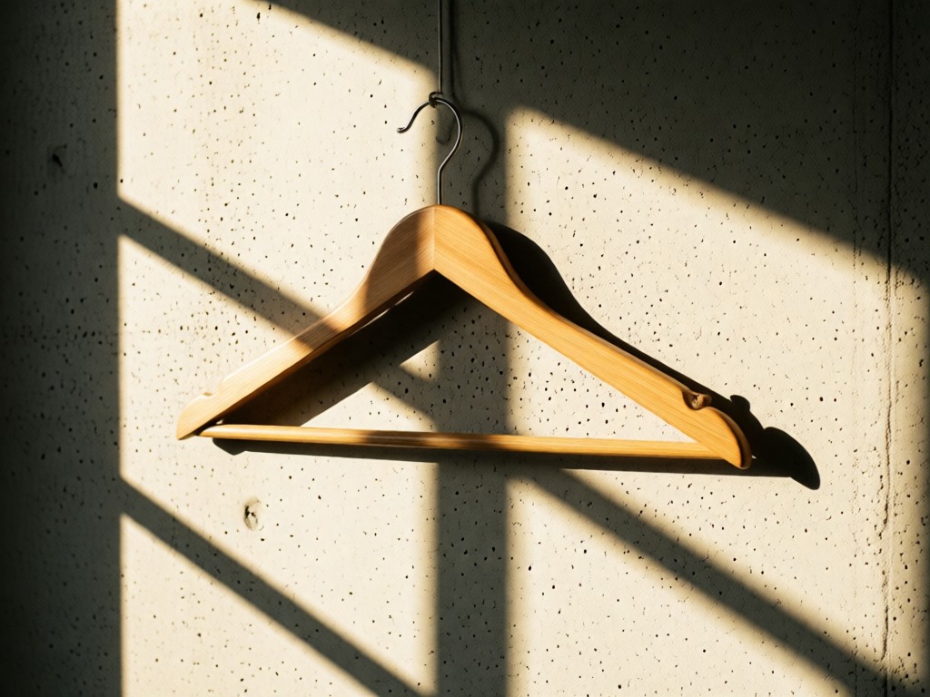 An empty wooden hanger suspended against a sunlit concrete wall. Long morning shadows create geometric patterns. Focus on texture and negative space. No people.