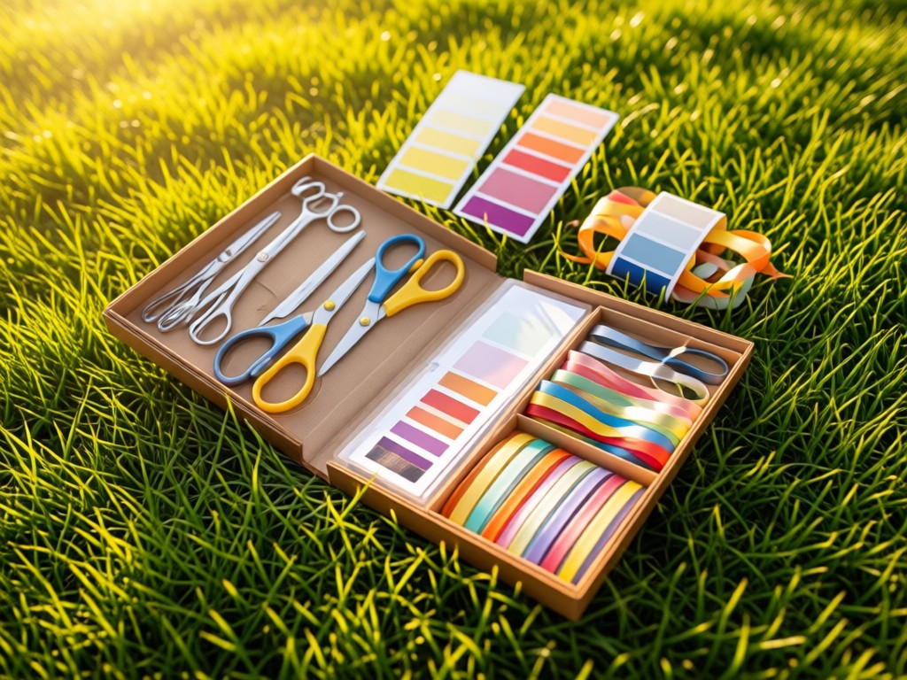 Aerial view of party supply toolkit open on grass: scissors, ribbons, color swatches. Golden sunlight. Symbolizes having essentials in one place. No people.