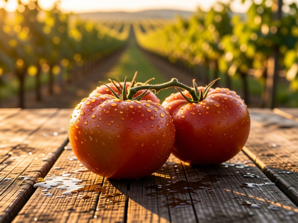 Close-up of sunlit heirloom tomatoes on a weathered farm table. Dew drops on produce, blurred vineyard rows in distance. Earthy textures, golden hour glow. No people.