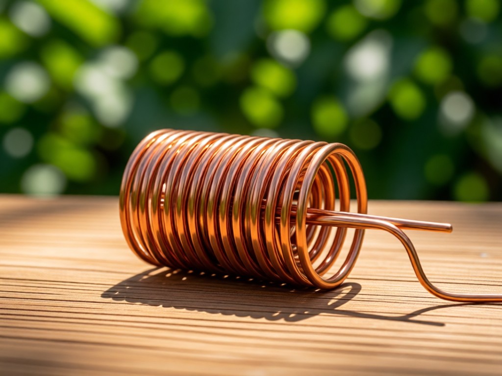 Close-up of a copper wire antenna coil on a pine board. Sunlight catches metallic textures. Blurred green foliage in background. No people.