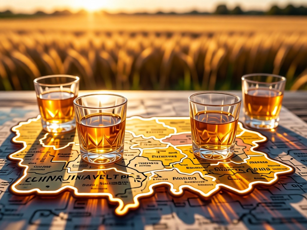 Aerial view of amber spirits in crystal glasses on a Pennsylvania map outline. Golden liquid catches sunset light. Blurred grain fields in distance. Symbolic representation of local focus. No people.