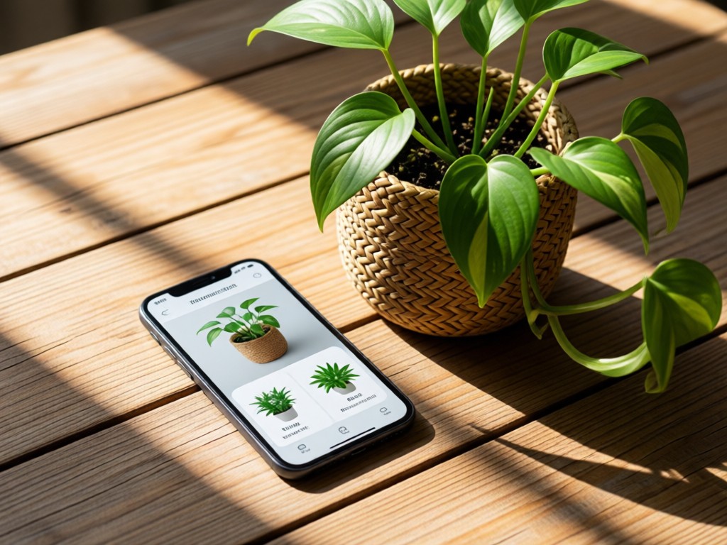 A smartphone displaying a plant care interface beside a thriving pothos in a woven planter. Soft shadows stretch across a reclaimed wood table. Natural textures throughout. No people.