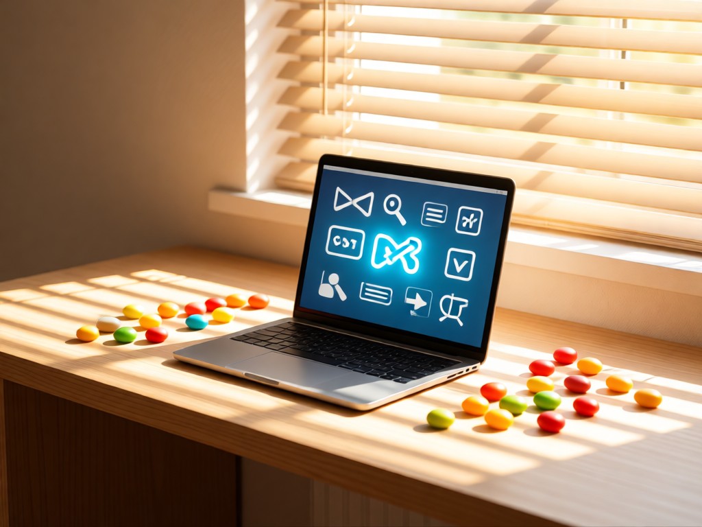 A minimalist desk with a laptop showing link icons, surrounded by scattered peeps candies. Warm sunlight streams through window blinds. No people.