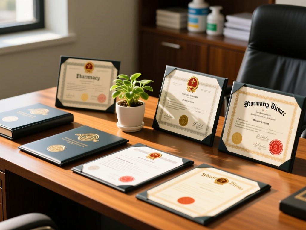 Neatly arranged pharmacy licenses and diplomas on a wooden desk. Warm sunlight highlights the embossed seals. A small potted plant adds life. Clean and professional. No people.