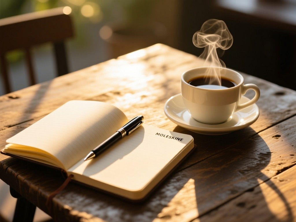 An open Moleskine notebook beside a steaming coffee cup on a rustic table, pen resting on blank pages, golden morning light creating long shadows, shallow depth of field, warm tones.